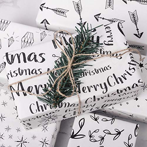 RUSPEPA Hoja De Papel De Regalo Kraft - Papel Kraft Blanco Con Diseño De Patrón Negro - 6 Hojas Embaladas En 1 Rollo - 44,5 X 76 cm Por Hoja