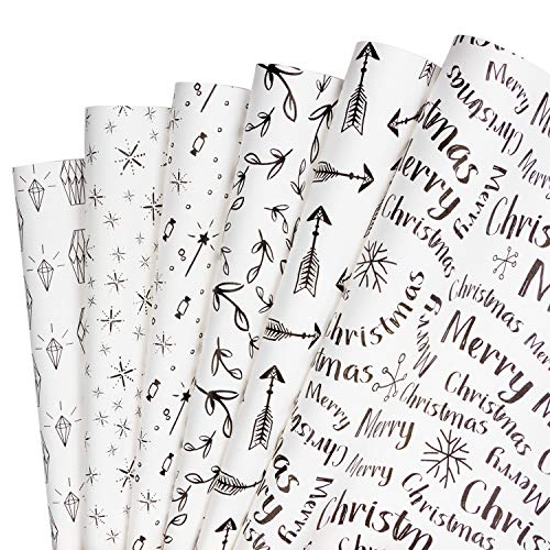 RUSPEPA Hoja De Papel De Regalo Kraft - Papel Kraft Blanco Con Diseño De Patrón Negro - 6 Hojas Embaladas En 1 Rollo - 44,5 X 76 cm Por Hoja