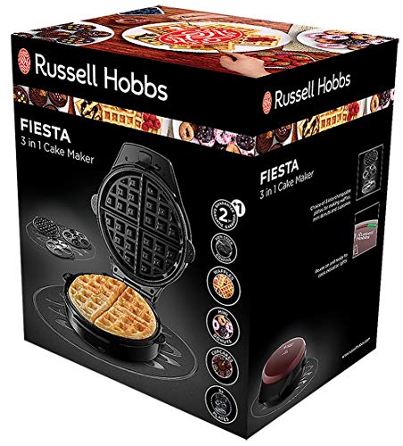 Russell Hobbs Fiesta - Gofrera 3 en 1 (3 Moldes para Magdalenas, Donuts y Gofres, 900 W, Negro y Rojo) - ref. 24620-56