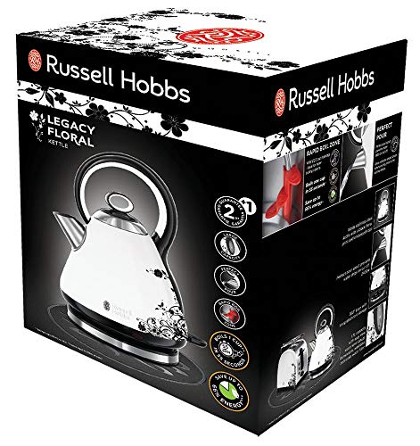 Russell Hobbs Legacy Floral - Hervidor de Agua Eléctrico (2400W, 1,7l, Acero Inoxidable, Blanco y Negro) -ref. 21963-70