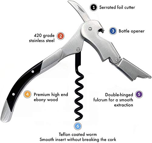 Sacacorchos y Abridor de Sommelier Profesional - Ideal para Amantes de la Enología - Estilo Cuidadosamente Diseñado con Mango de Madera de Ébano
