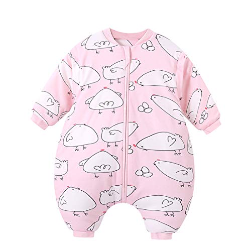 Saco de Dormir de Piernas Divididas para Bebés Cremallera de Invierno de Espesor Medio Ropa de Dormir Pijama Cálido Patrón de Pollito con Manga Larga Desmontable para 1-2 años Rosa