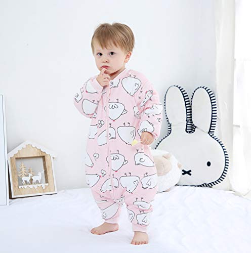 Saco de Dormir de Piernas Divididas para Bebés Cremallera de Invierno de Espesor Medio Ropa de Dormir Pijama Cálido Patrón de Pollito con Manga Larga Desmontable para 1-2 años Rosa