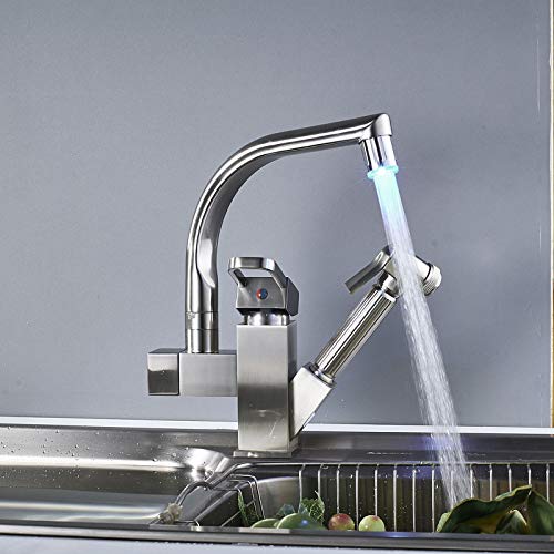 Saeuwtowy 304 Acero Inoxidable Cepillado LED Grifo Extensible Para Cocina en Dos Salidas Del Agua 360 ° Grifo Giratorio Del Fregadero Del Fregadero Del Grifo Extraíble De La Cocina Del Espray