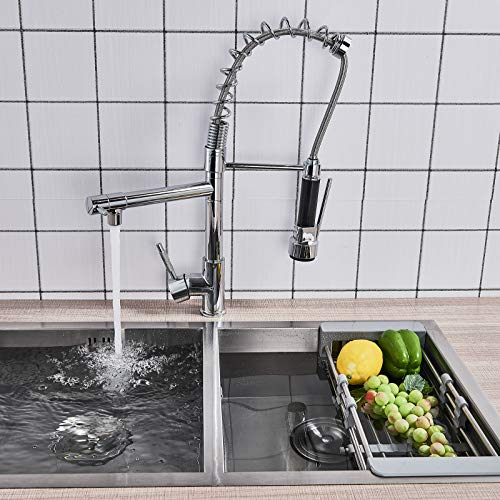 Saeuwtowy Grifo Cocina Para Fregadero 2 Salidas Con Ducha Extraible 360°Rotación Grifo Muelle Profesional de Cocina y Lavabo Fría/Caliente Alternativa,Dos Tipos de Chorro,Color plateado R3/8”