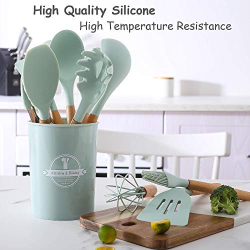 SaiXuan Utensilios Cocina de Silicona,Antiadherente con Mango de Madera para Utensilios,No Tóxicas Resistentes Al Calor Utensilios De Cocina Antiadherente 12 Piezas+12 S Ganchos