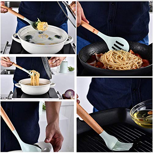 SaiXuan Utensilios Cocina de Silicona,Antiadherente con Mango de Madera para Utensilios,No Tóxicas Resistentes Al Calor Utensilios De Cocina Antiadherente 12 Piezas+12 S Ganchos