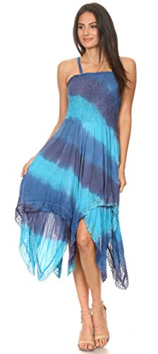 Sakkas 192058 - Vestido Informal Boho sin Mangas con pañuelo con Correa de Espagueti de Lecia para Mujer - Azul Gris - OS