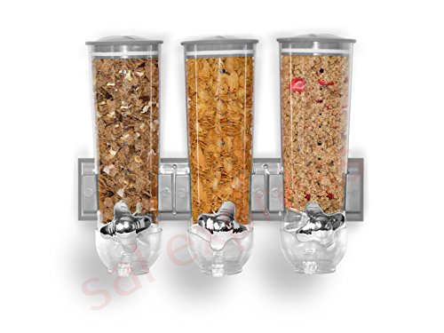 SaleemSpace - Dispensador / unidad de almacenamiento triple de cereales y alimentos secos, para montar en la pared plata