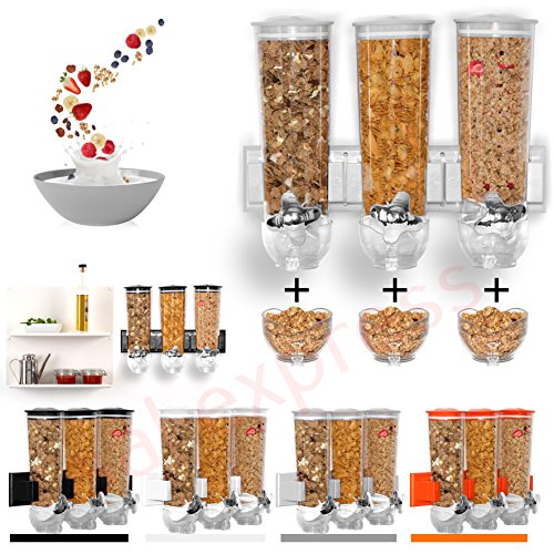 SaleemSpace - Dispensador / unidad de almacenamiento triple de cereales y alimentos secos, para montar en la pared plata