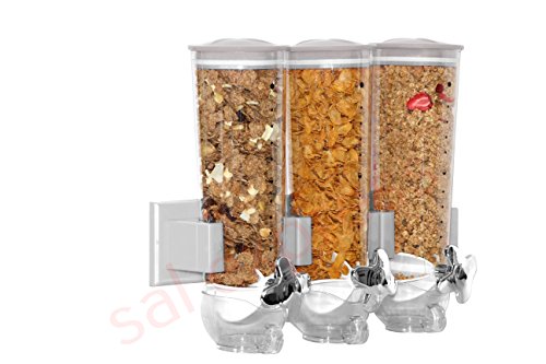 SaleemSpace - Dispensador / unidad de almacenamiento triple de cereales y alimentos secos, para montar en la pared plata