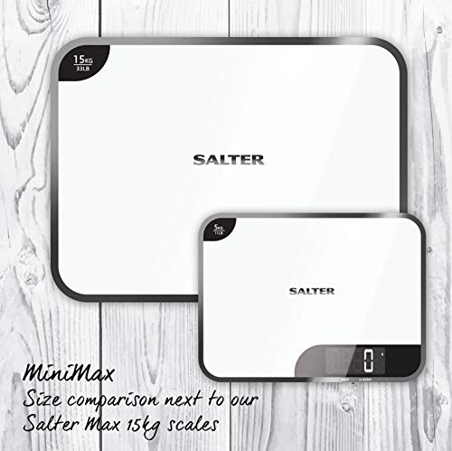 Salter báscula de cocina con función de tabla de cortar, placa, 5 kg, vidrio, 15 años de garantía, blanco