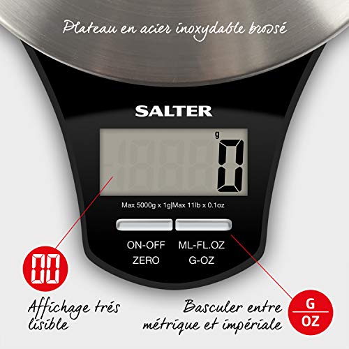 Salter Báscula de Cocina Digital de Acero Inoxidable, Capacidad 5kg, Función de Añadir y Pesar, Negro