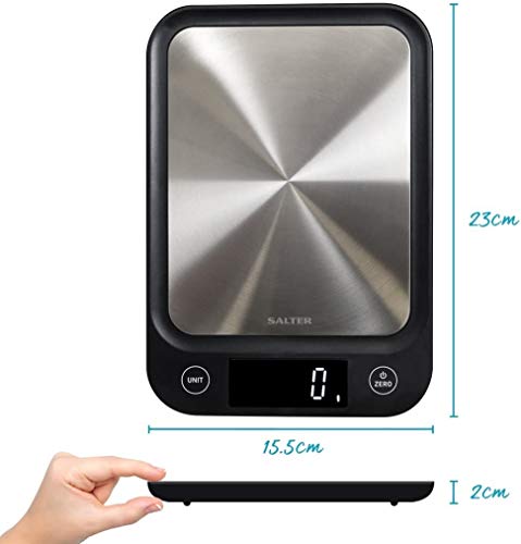 Salter Báscula de Cocina Digital Electrónica, Diseño Fino, Añadir y Pesar Función Pesar los Liquidos, Pantalla LCD Negro