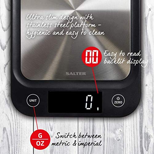 Salter Báscula de Cocina Digital Electrónica, Diseño Fino, Añadir y Pesar Función Pesar los Liquidos, Pantalla LCD Negro