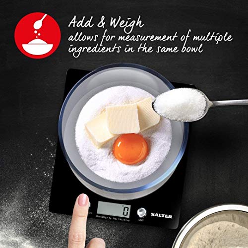 Salter Báscula de Cocina Digital Plataforma de Vidrio, Capacidad 5kg, Función de Añadir y Pesar, Negro