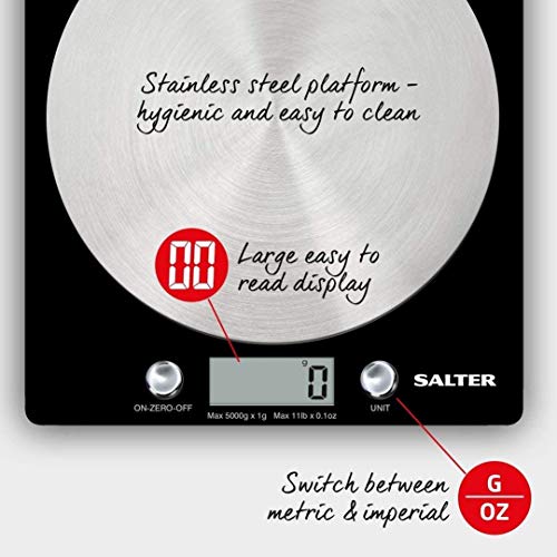 Salter Báscula de Cocina Digital Plataforma de Vidrio, Capacidad 5kg, Función de Añadir y Pesar, Negro