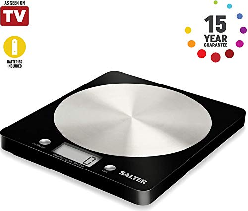 Salter Báscula de Cocina Digital Plataforma de Vidrio, Capacidad 5kg, Función de Añadir y Pesar, Negro