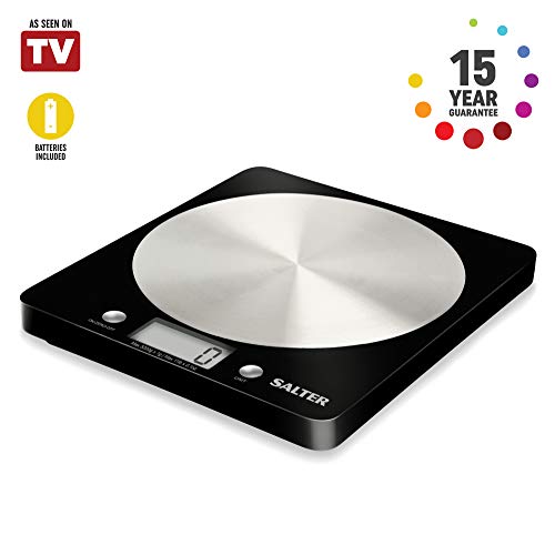 Salter Báscula de Cocina Digital Plataforma de Vidrio, Capacidad 5kg, Función de Añadir y Pesar, Negro