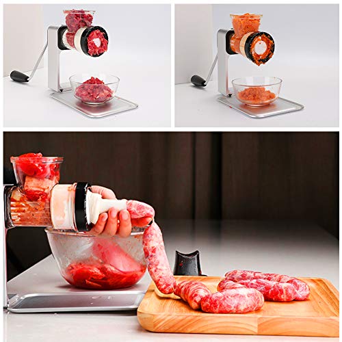 SAMEBOO Picadora de Carne Manual Máquina de Picar Carne Verduras Embutidora de Salchichas con Bandeja de Descongelación Acero Inoxidable Multifuncional Aparato de Cocina Doméstico y Profesional