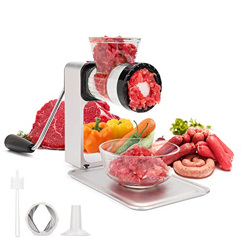 SAMEBOO Picadora de Carne Manual Máquina de Picar Carne Verduras Embutidora de Salchichas con Bandeja de Descongelación Acero Inoxidable Multifuncional Aparato de Cocina Doméstico y Profesional