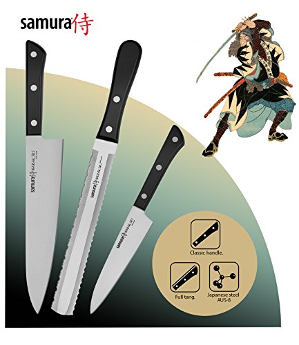 Samura HARAKIRI Set de 3 Cuchillos profesionales de cocina: Chef, Multiusos y Sierra - japoneses – Acero Inoxidable AUS-8 y Mango Ergonómico de ABS