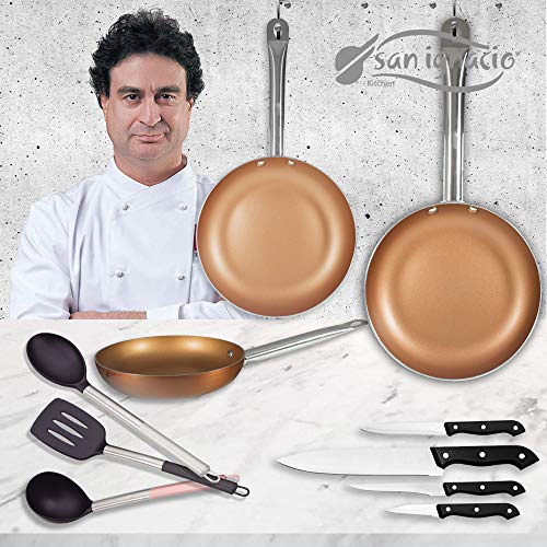 San Ignacio Copper Plus Set 3 Sartenes + 4 Cuchillos + 3 Utensilios, Aluminio Prensado, Multicolor