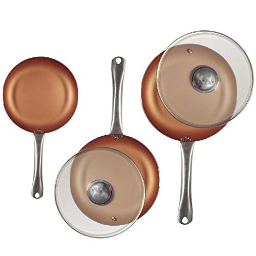 San Ignacio Q2995 Optimum Cooper-Set 5 Piezas: 3 sartenes 2 Tapas-Efecto cobre-20/24/28 cms. Antiadherente sin pfoa-inducción y Gas, Aluminio prensado