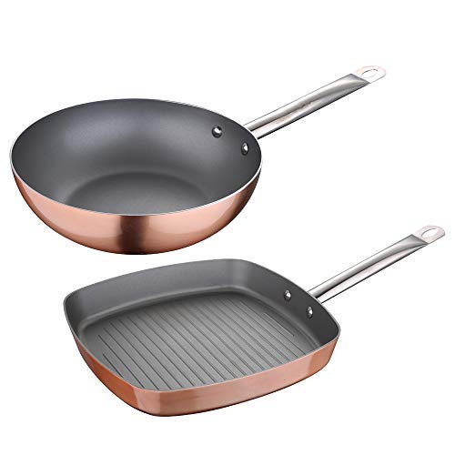 San Ignacio Q3192 Set 2 piezas: Sartenes-Wok 26 cm + Asador Grill 28x28 cm, aluminio prensado, aptas para inducción, Optimum plus-efecto cobre