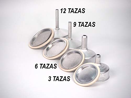 Sanfor Repuesto Cafetera Italiana 9 Tazas | Recambio Embudo + Filtro + Junta | Aluminio Caucho | Diámetro 74 mm