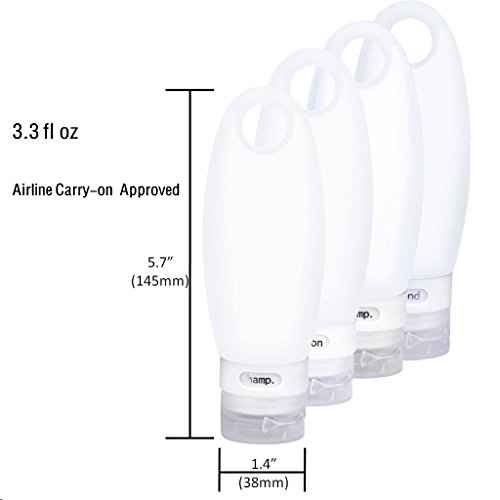 SANTREST Botellas De Silicona Conjunto De Viaje 98 ml/3.3 FL Oz Reutilizables y Plegable Aprobado por La TSA con Cordón(4 Pack White)