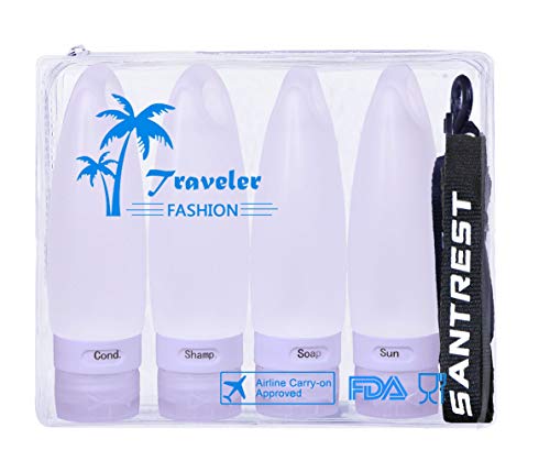 SANTREST Botellas De Silicona Conjunto De Viaje 98 ml/3.3 FL Oz Reutilizables y Plegable Aprobado por La TSA con Cordón(4 Pack White)