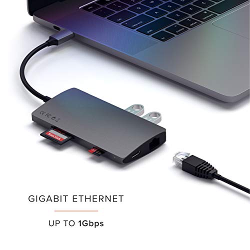SATECHI Adaptador Multi-Puertos V2 de Aluminio - HDMI 4K (30Hz), Ethernet Gigabit, Carga USB-C, Lectores de Tarjetas SD/Micro, Puertos USB 3.0 para 2020/2019/2018 MacBook Pro (Gris Espacial)