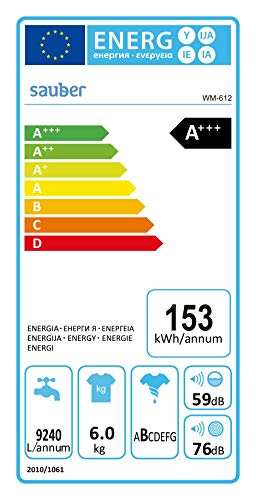 Sauber - Lavadora de carga frontal WM612-6 kg - 1200 RPM - Eficiencia energética: A+++ - Color Blanco - INSTALACIÓN INCLUIDA