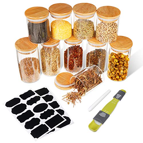 SAWAKE 10pcs Tarros de Vidrio de Almacenamiento(250 ml*5+350 ml*5) Botes de Cristal con Tapa de Bambú&Anillo de Silicona, Recipientes Herméticos para Especias,Cereales,azúcar,té,Frijoles,Pasta,nueces