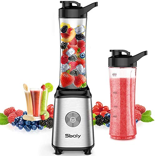 Sboly Batidora de individual,Smoothies Licuadoras para verduras y frutas, Batidora Portátil con 2 Tritan sin BPA 600ml Botellas y Cepillo de Limpieza,EU Plug, 350W