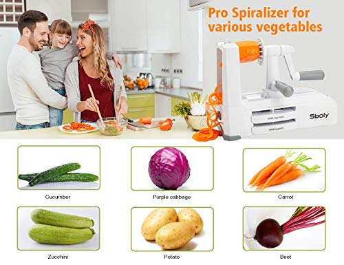 Sboly Espiralizador de verduras con 5 cuchillas,spiralizer vegetal con contenedor, Espaguetis de Calabacin, Cortador Espiral Manual, Para triturar, Tallarines,Cintas o Fideos