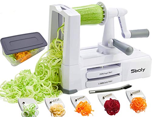 Sboly Espiralizador de verduras con 5 cuchillas,spiralizer vegetal con contenedor, Espaguetis de Calabacin, Cortador Espiral Manual, Para triturar, Tallarines,Cintas o Fideos