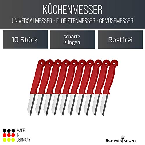 Schwertkrone - Juego de 10 cuchillos de cocina para pelar (acero inoxidable, 16 cm, hoja de 6 cm), color rojo