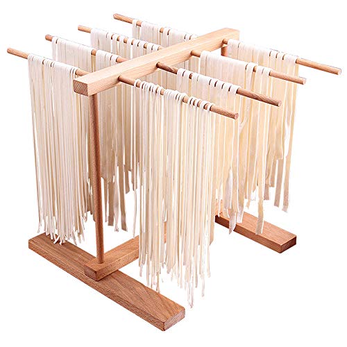 Secador de Pasta Plegable Soporte, 8 Hileras de Madera de Haya Secadoras de Espaguetis Pasta Fideos Secado Soporte para Colgar