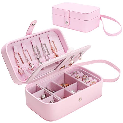 Seelux Caja Joyero Pequeña con Correa de Mano Viaje Cajas para Joyas Jewelry Organizer para Mujer, para Anillos, Aretes, Pendientes, Pulseras y Collares Rosa