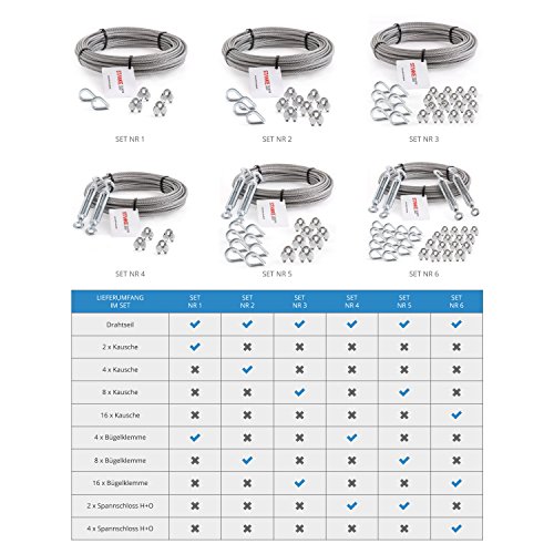 Seilwerk STANKE cuerda de acero inoxidable en cubierta de PVC, 20m cuerda inox V4A 3,5mm 7x7, 2x tensor gancho- ojo M8 galvanizado, 4x abrazadera V4A - SET 4