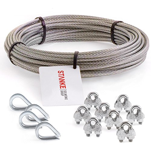 Seilwerk STANKE cuerda de acero inoxidable V4A, 15m cuerda de acero inox 5mm 7x7, 4x gaurdacabo de acero V4A, 8x abrazadera de acero V4A - SET 2