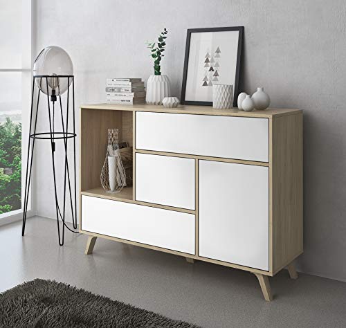 SelectionHome - Mueble Aparador de Salon Comedor 1 Puerta y 3 cajones, Buffet, modelo Wind, Color Puccini y Blanco, Medidas: 120 cm (largo) x 40 cm (fondo) x 85,6 cm (alto)