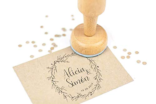 Sello Boda Personalizado, Sello de Madera con tampón de tinta, Sellos Personalizados Boda | Corona Flores