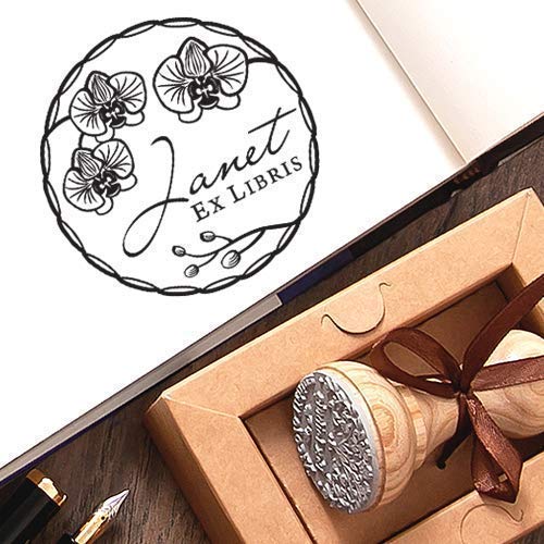 Sello Libros Corona Flores Orquídeas Personalizado Ex libris, Sello de Goma Personalizable Madera, Sellos Personalizados, Caja de Regalo