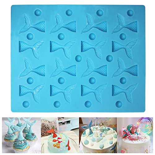 SENHAI - Molde de silicona con 16 cavidades en forma de cola de sirena y cola de pez en 3D con gotero para fondant, decoración de tartas, chocolate, caramelo de gelatina, jabón, arcilla, etc.