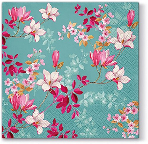 Servietten Blumen - 20 servilletas con estampado de magnolias en azul, estampado de flores para primavera o Pascua, 33 x 33 cm