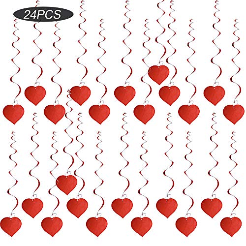 SERWOO 24pcs Corazón Guirnalda Colgante Espiral PVC Decorativa Decoración Adorno Boda Fiesta San Valentín Navidad Bautizo Techo Ventana Puerta (Largo: 86cm) (24pcs, Corazón, Rojo)