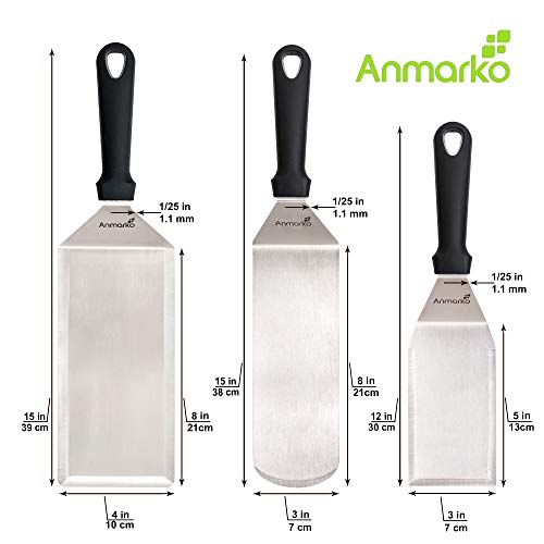 Set de 4 utensilios de cocina de acero inoxidable – 1 Espátula grande para asador – 1 volteador de metal – 1 rasqueta de panadero – 1 espátula para repostería – Anmarko